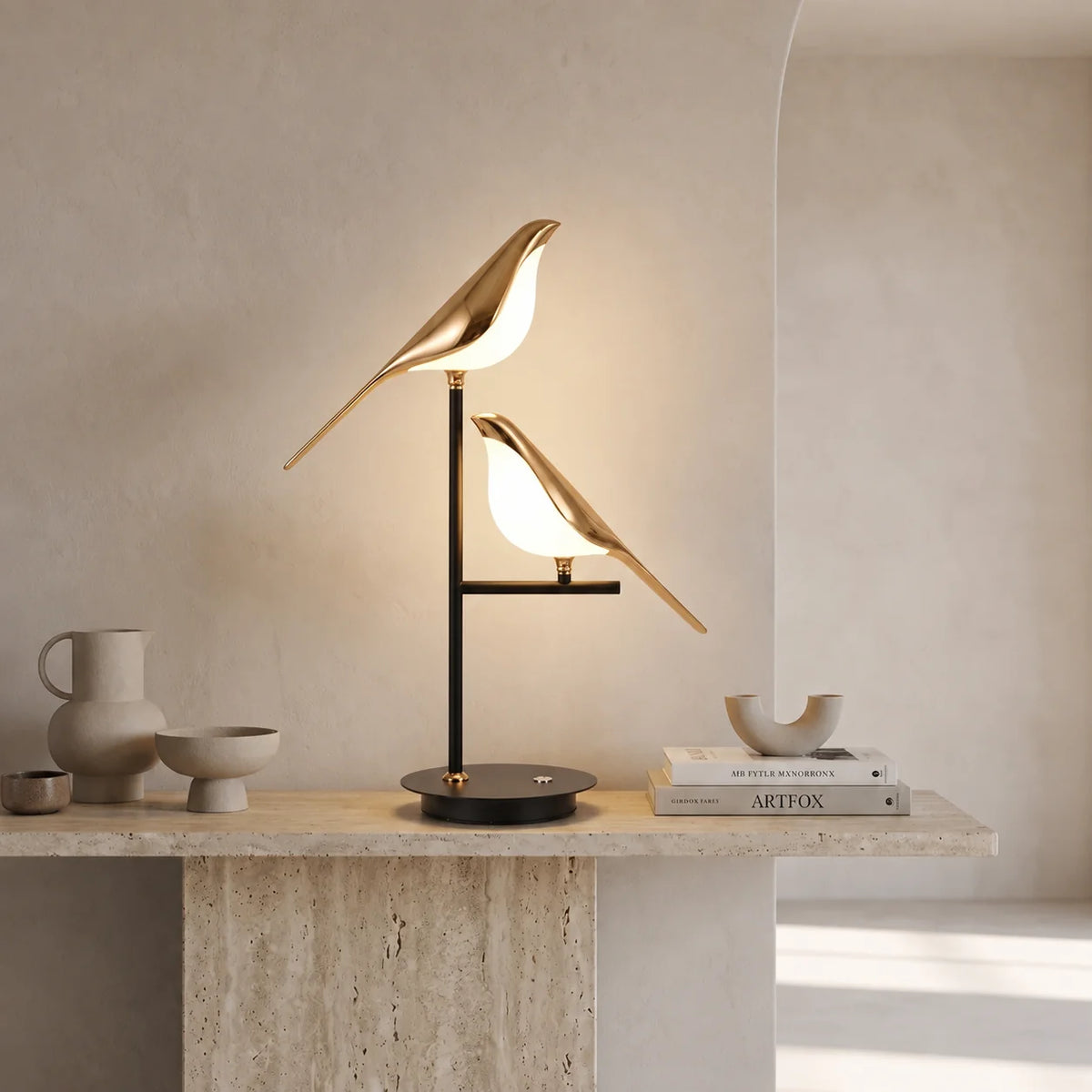 Elegant Black Gold Table Lamp with Bird Design