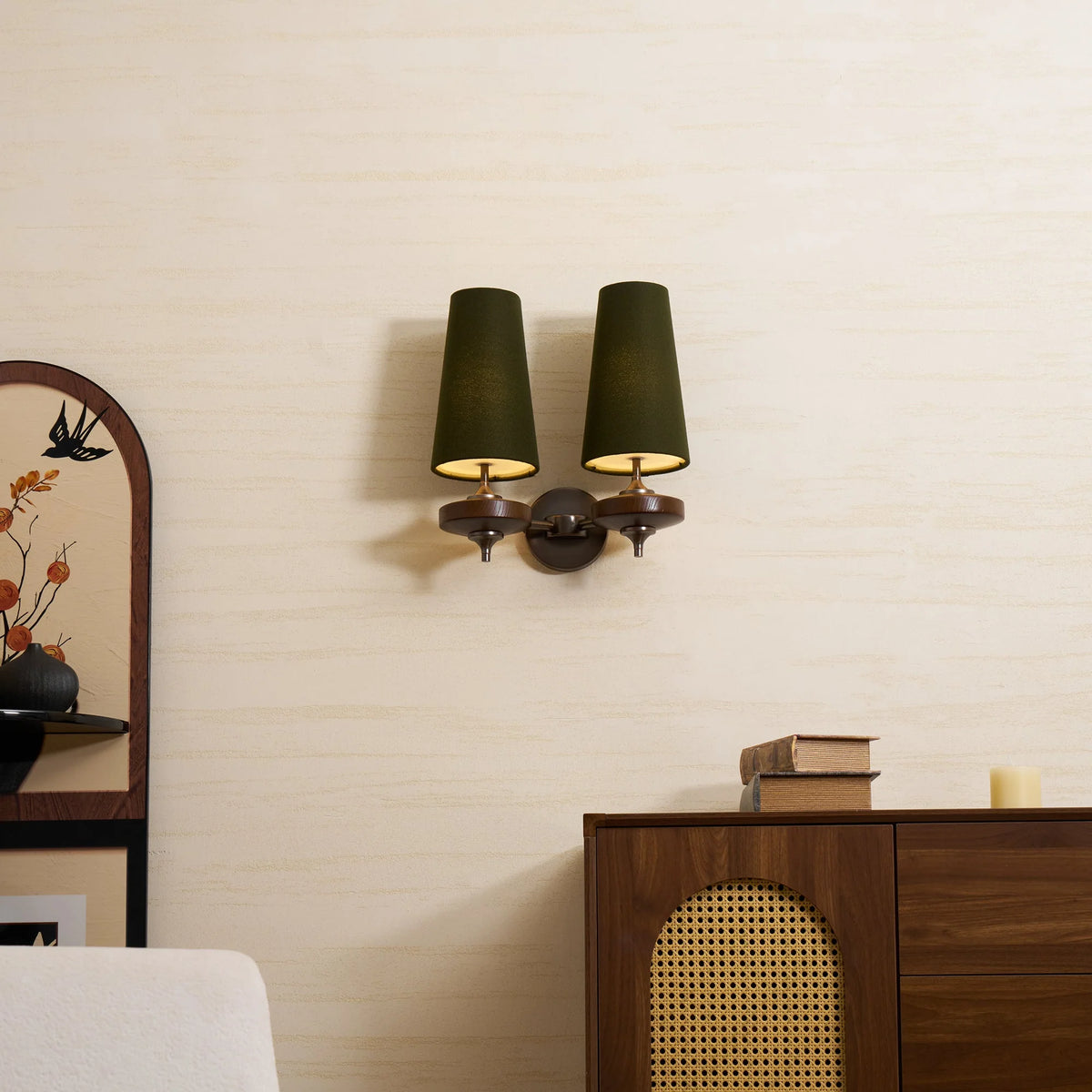 Elegant Dual Shade Wall Sconce with Wooden Base