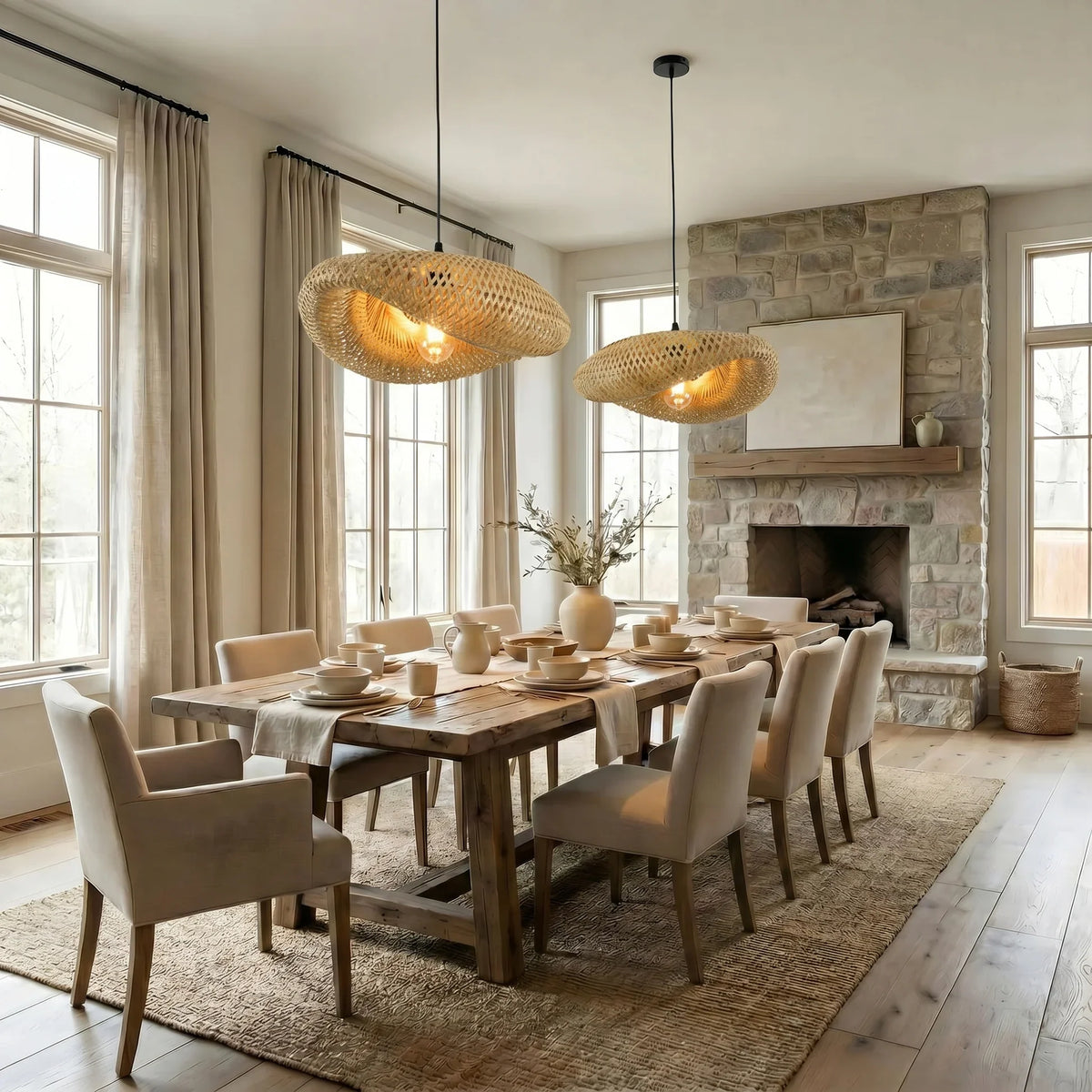 Natural Bamboo Pendant Light with Adjustable Height