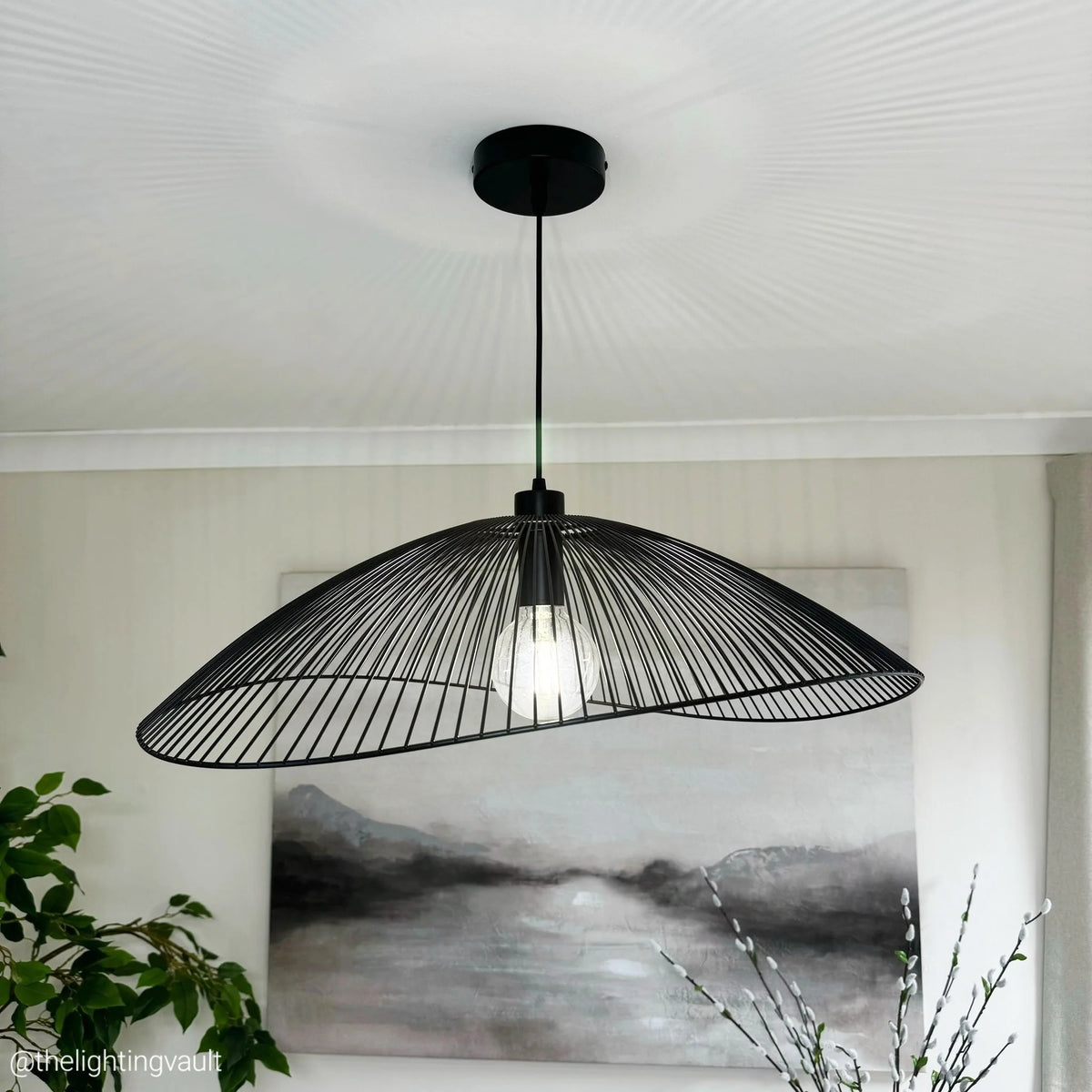 Sculptural Black Wire Dome Pendant Light Fixture