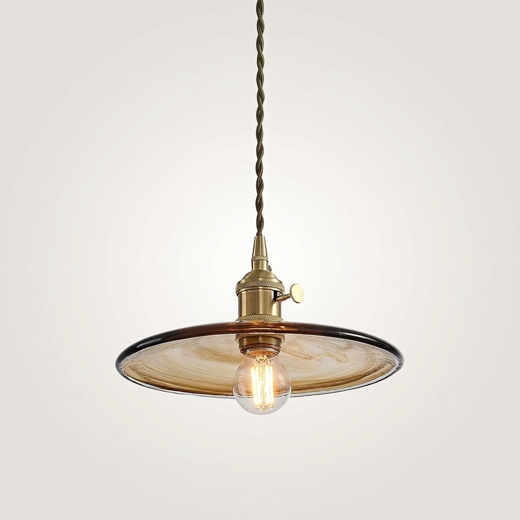 Sleek Mid Century Glass Pendant Light with Brass Shade