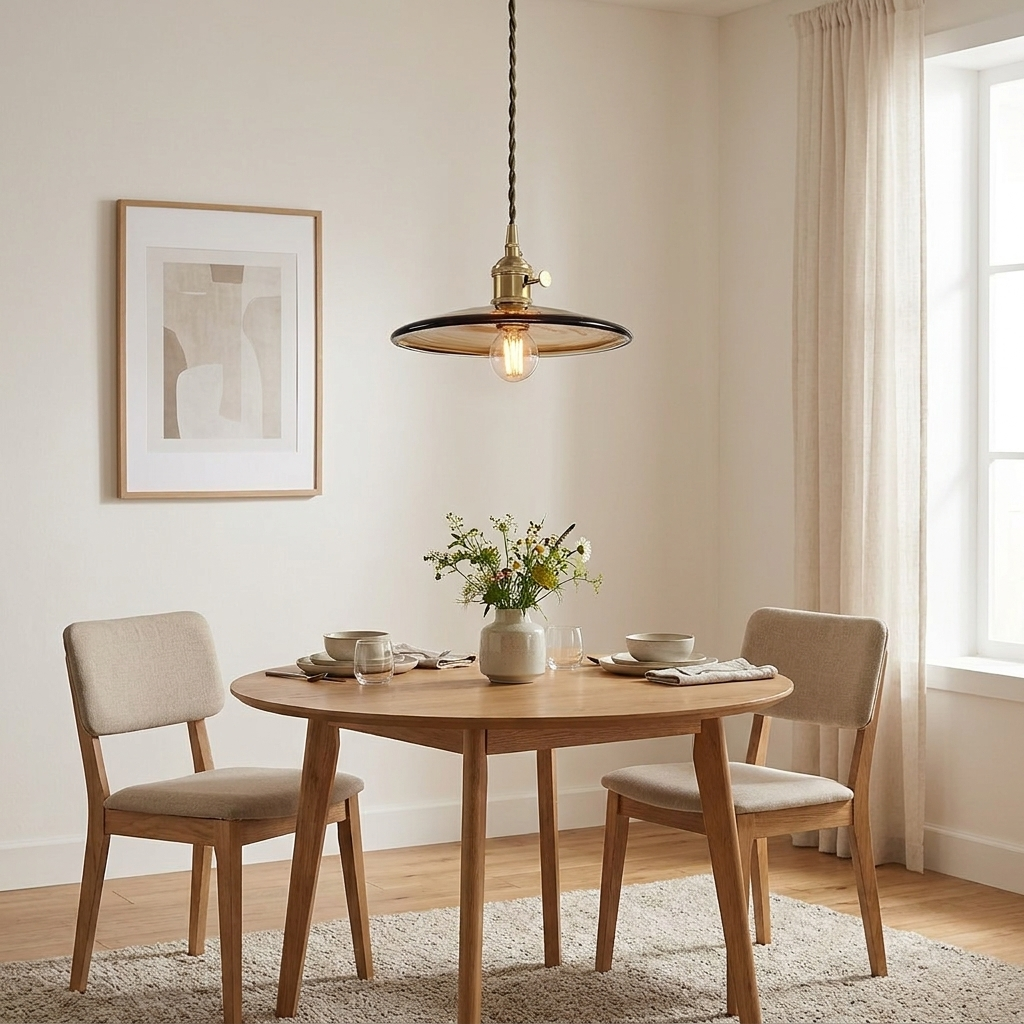 Sleek Mid Century Glass Pendant Light with Brass Shade