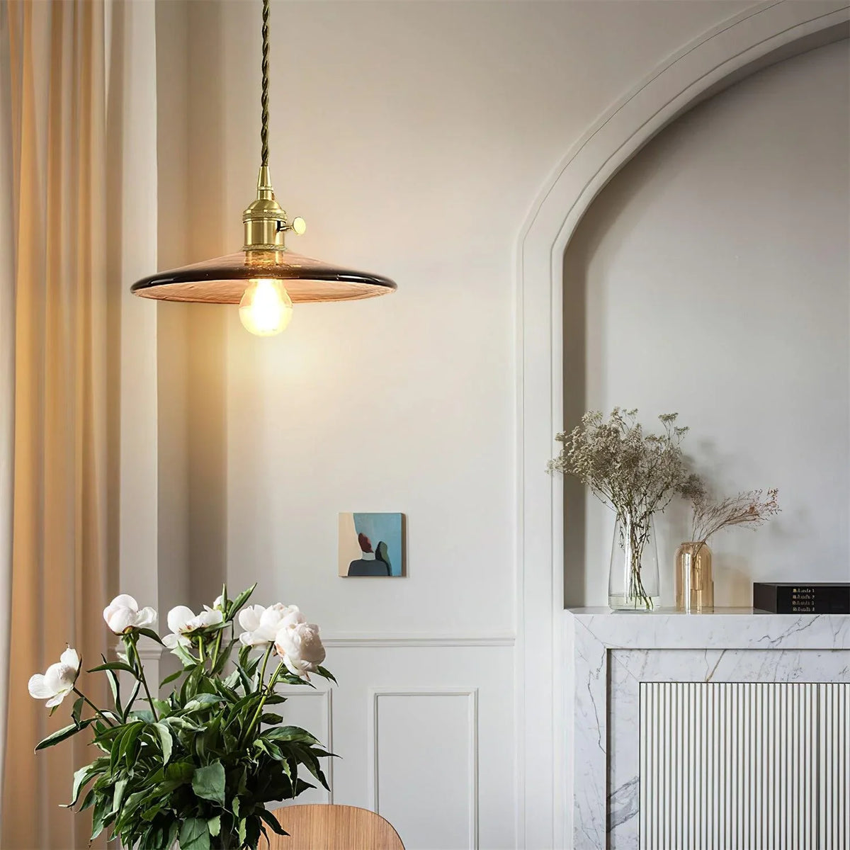 Sleek Mid Century Glass Pendant Light with Brass Shade