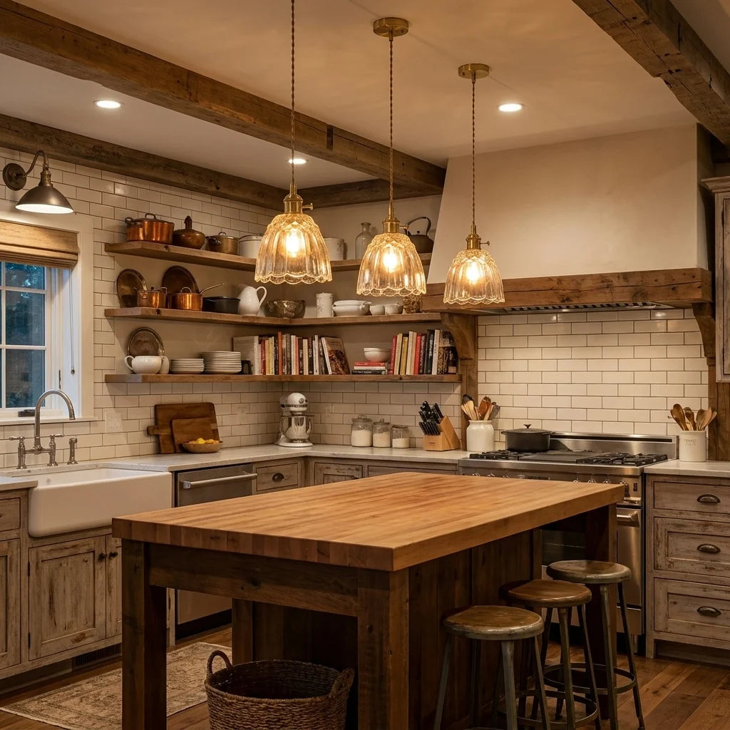 Clear Glass Farmhouse Pendant Light with Brass Frame