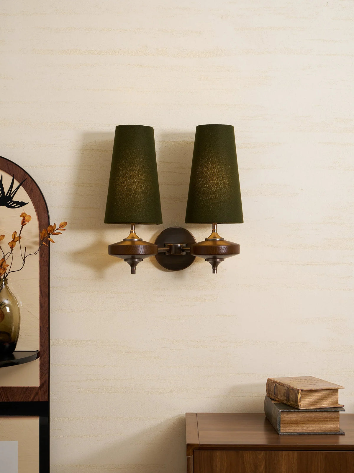 Elegant Dual Shade Wall Sconce with Wooden Base