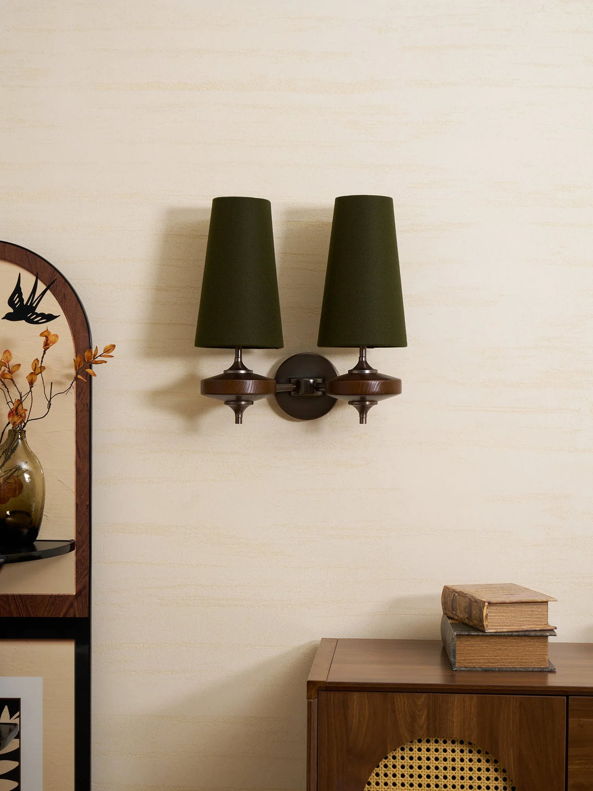Elegant Dual Shade Wall Sconce with Wooden Base