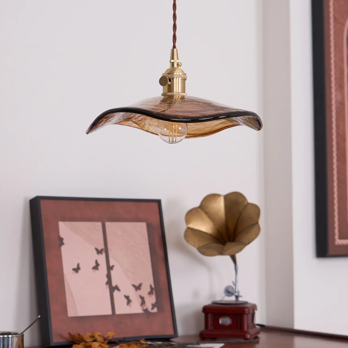 Elegant Glass Floral Pendant Light with Brass Finish