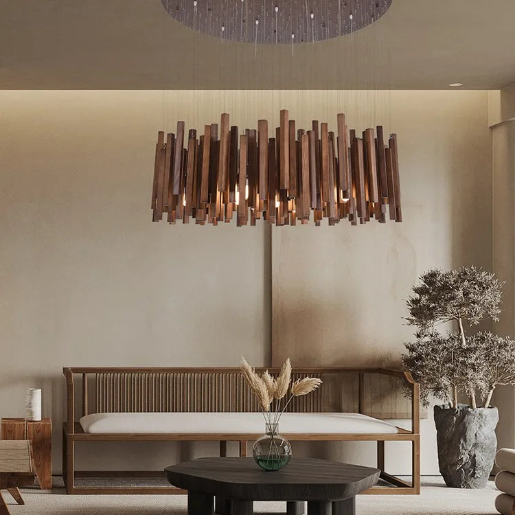 Elegant Wooden Chandelier Light with Warm LED Illumination