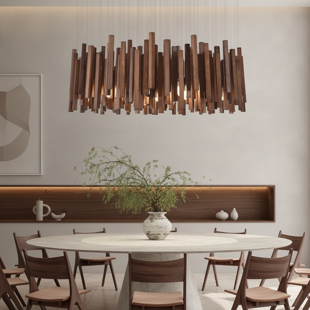 Elegant Wooden Chandelier Light with Warm LED Illumination