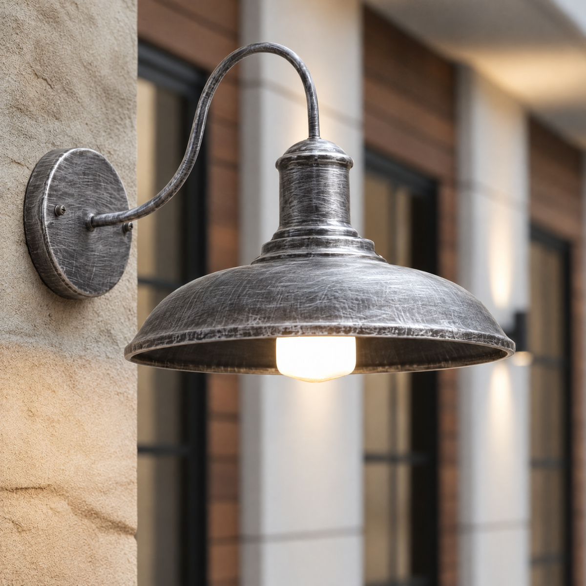 IronBowl | Rustic Vintage Industrial Outdoor Wall Light Lantern - Antique Silver, 29cm, Direct