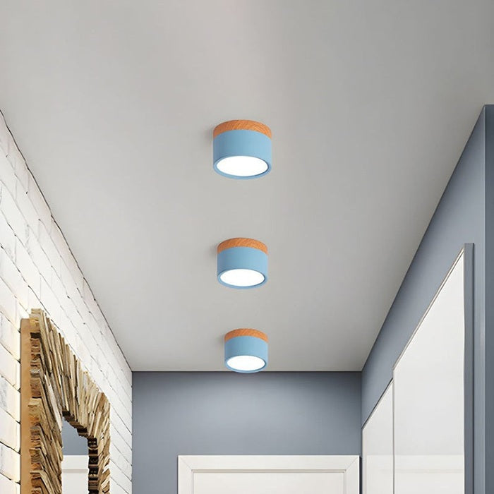 Modern Cylinder Ceiling Light Fixture with LED & Wooden Accent