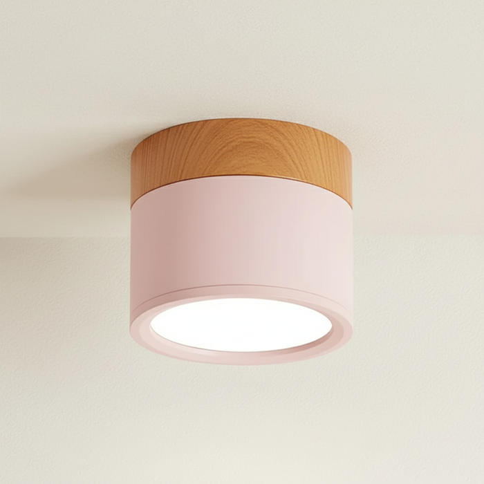 Modern Cylinder Ceiling Light Fixture with LED & Wooden Accent
