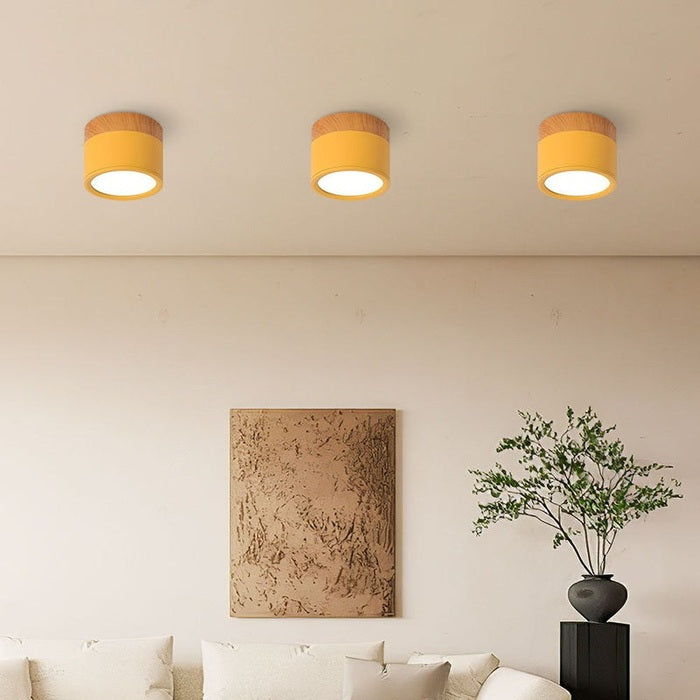 Modern Cylinder Ceiling Light Fixture with LED & Wooden Accent