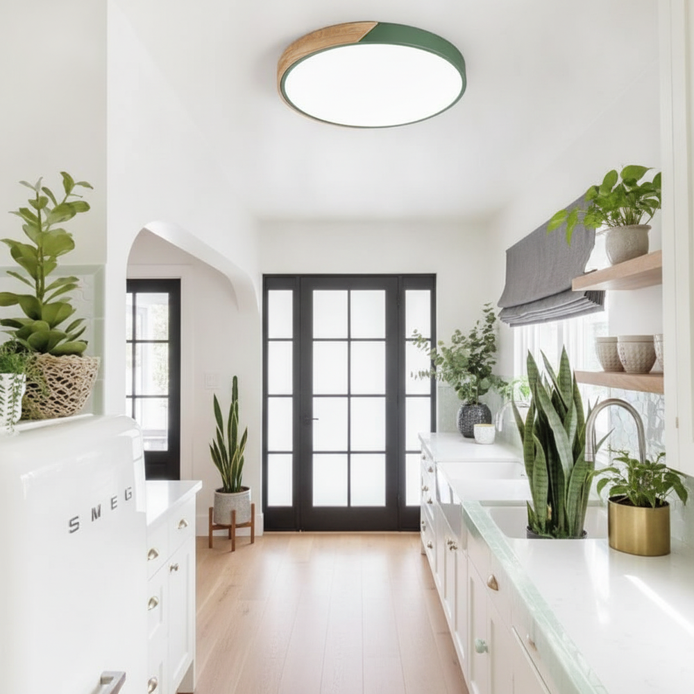 Modern Flush Mount Ceiling Light | Dimmable LED Fixture with Metal & Wood Design
