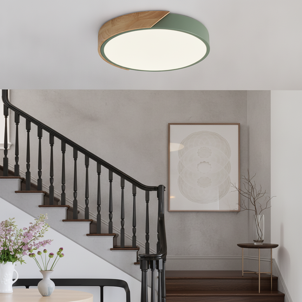 Modern Flush Mount Ceiling Light | Dimmable LED Fixture with Metal & Wood Design