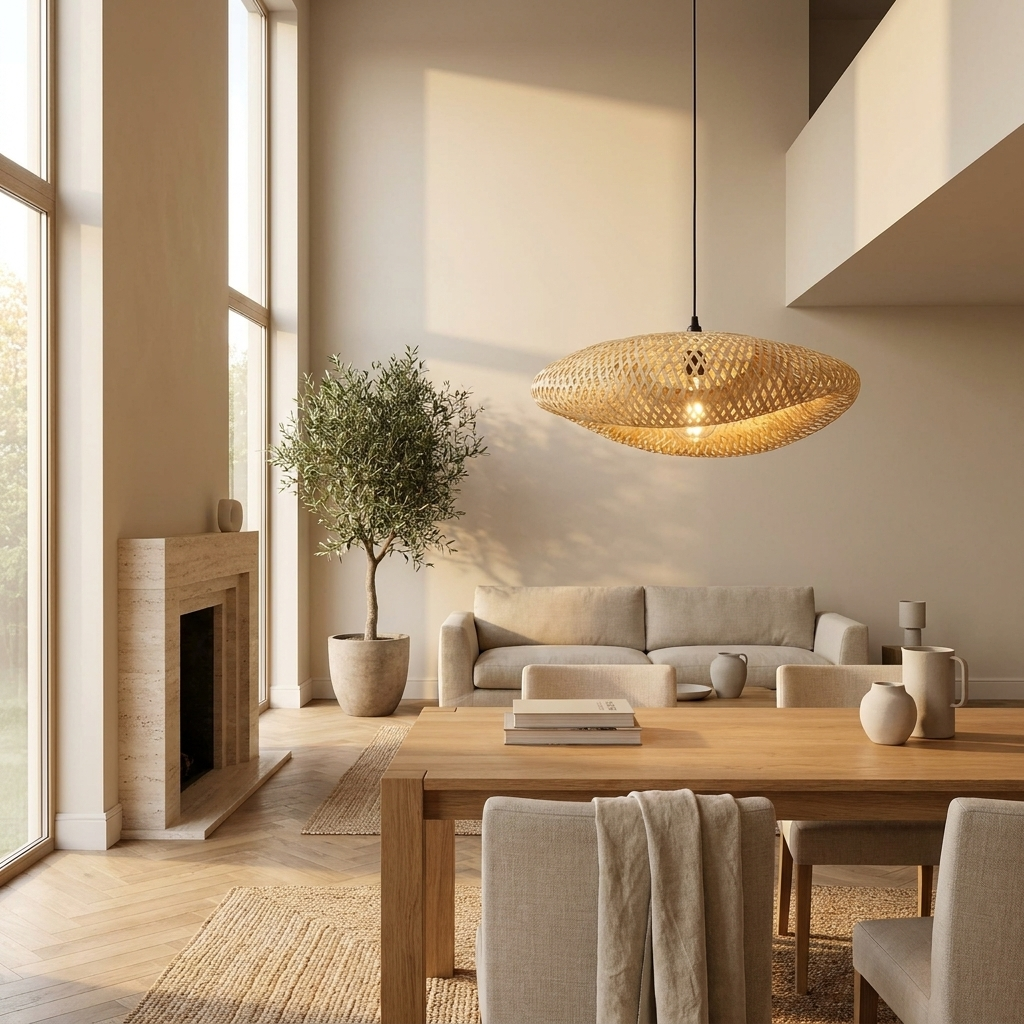 Natural Bamboo Pendant Light with Adjustable Height