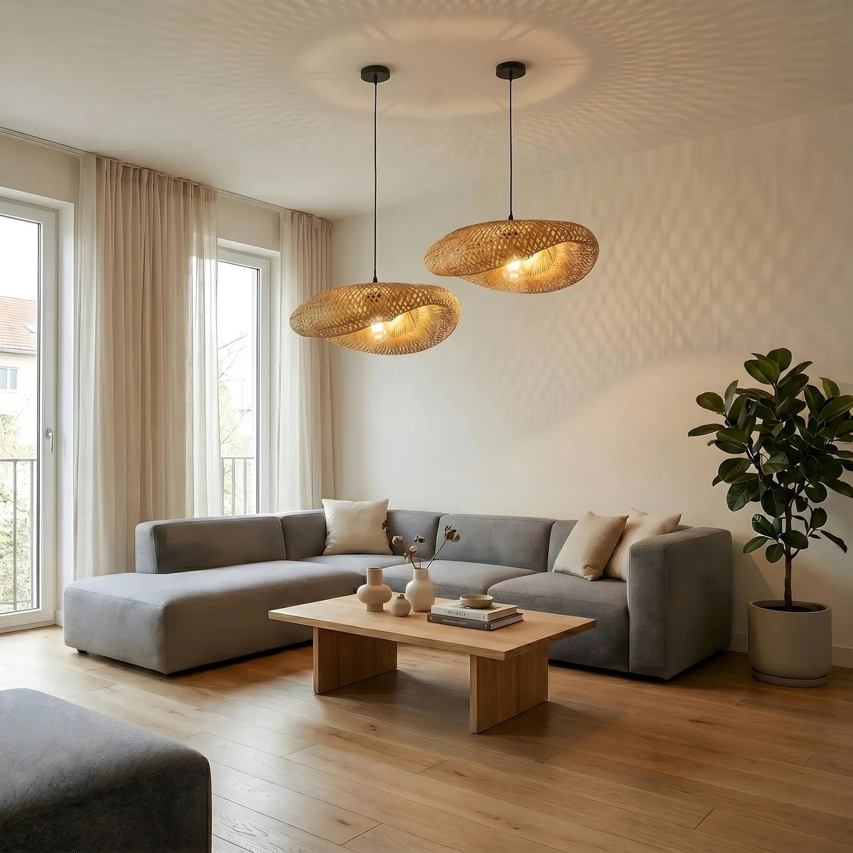 Natural Bamboo Pendant Light with Adjustable Height