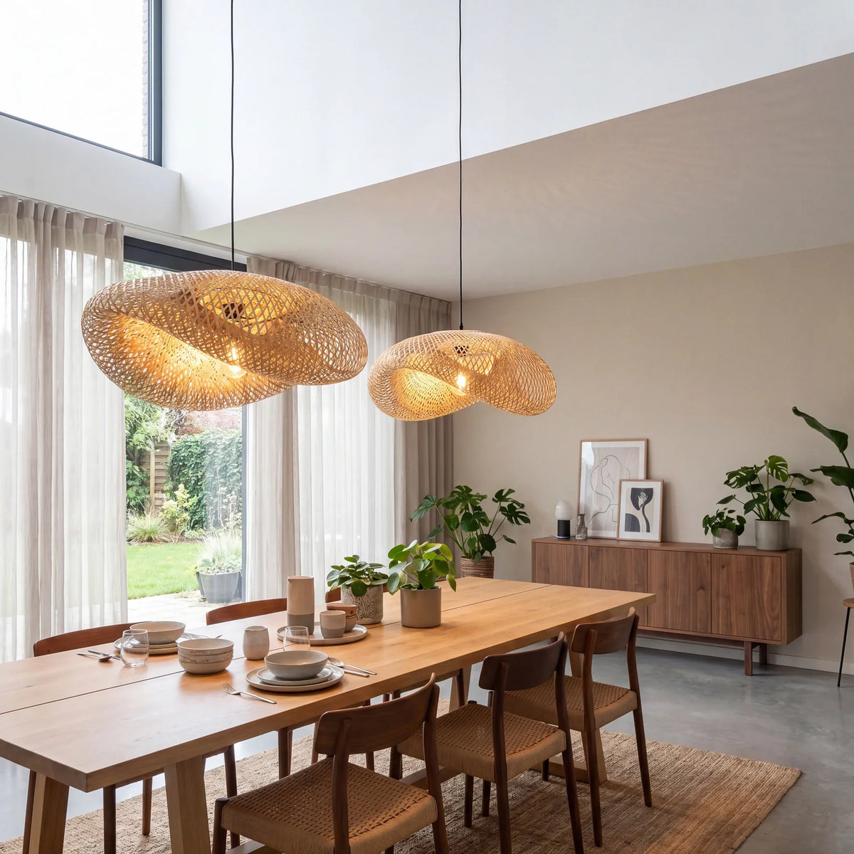 Natural Bamboo Pendant Light with Adjustable Height
