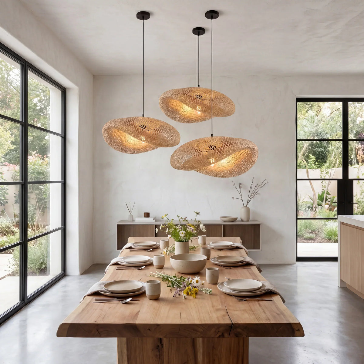 Natural Bamboo Pendant Light with Adjustable Height