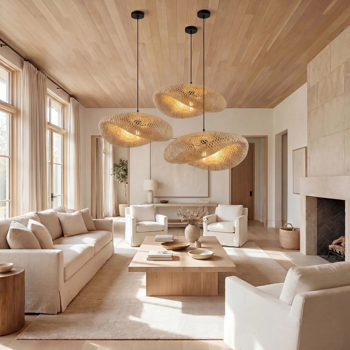 Natural Bamboo Pendant Light with Adjustable Height
