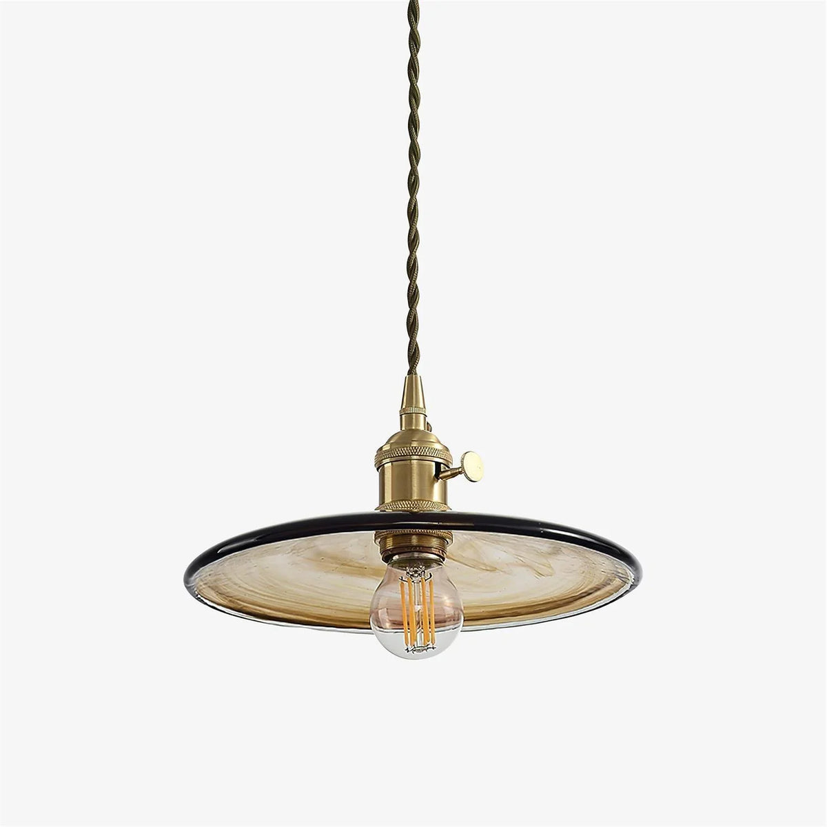 Sleek Mid Century Glass Pendant Light with Brass Shade